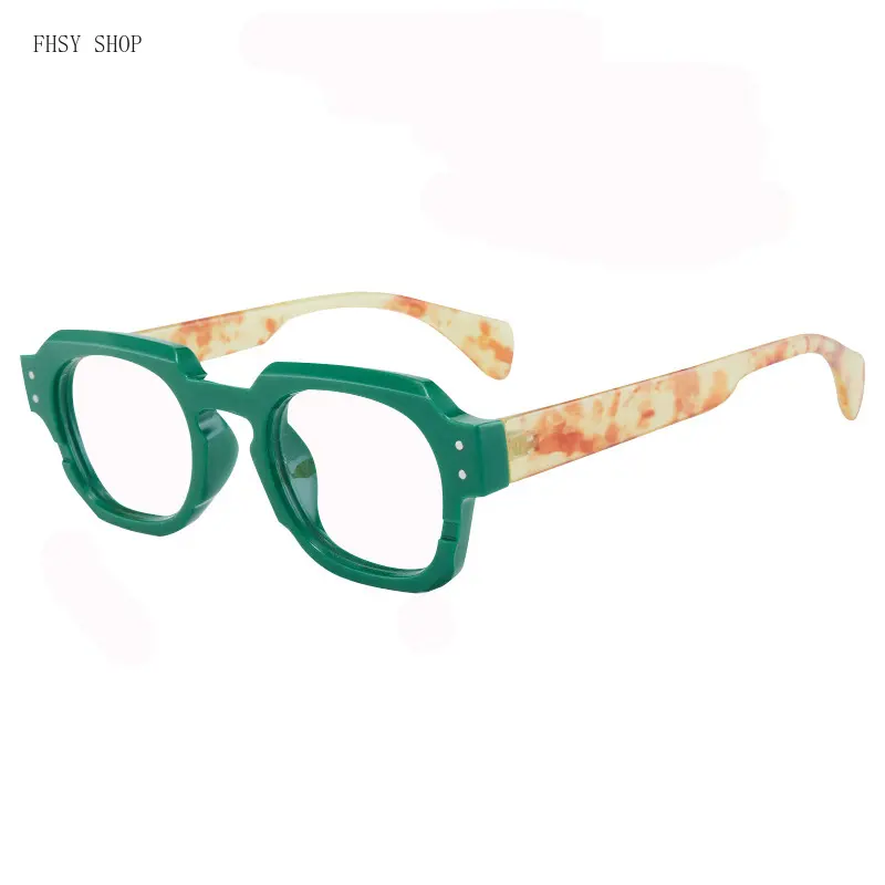 FHSY SHOP Retro Geometric Blue Light Blocking Eyeglasses, Green Frame & Tortoise Temple, Lightweight Fashion Plastic Square-Tinted 2-Tone Non-Prescription/Prescription Ready Frames for Office Daily Wear, Plastic Non-Prescription Glasses, Square-Tinted Non