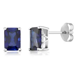 925 Sterling Silver Simulated Blue Sapphire Bridal Stud Earrings For Women Men (2.00 Cttw, 7X5MM Emerald Cut)