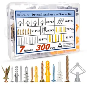 Drywall Anchors and Screws Assortment Kit 300 count, 7 Types, 150 Heavy Duty Sheetrock Anchors and 150  Self Drilling Screws Hardware Set, Easy for Dry Wall, Shelve,  and Mounting