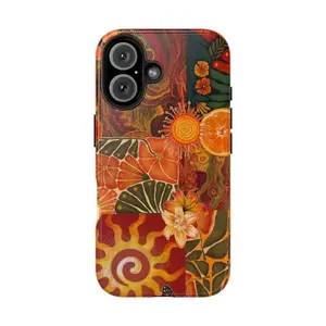 Boho Hippie Sun & Orange Floral Phone Case for IP 17 16 15 14 13 12 11 Pro Max XR Xs 6 7 8 Plus SE, Aesthetic Vibrant Flower & Swirls Case, Shockproof Heavy Duty Protective Cover, Groovy Abstract Collage Tough Case