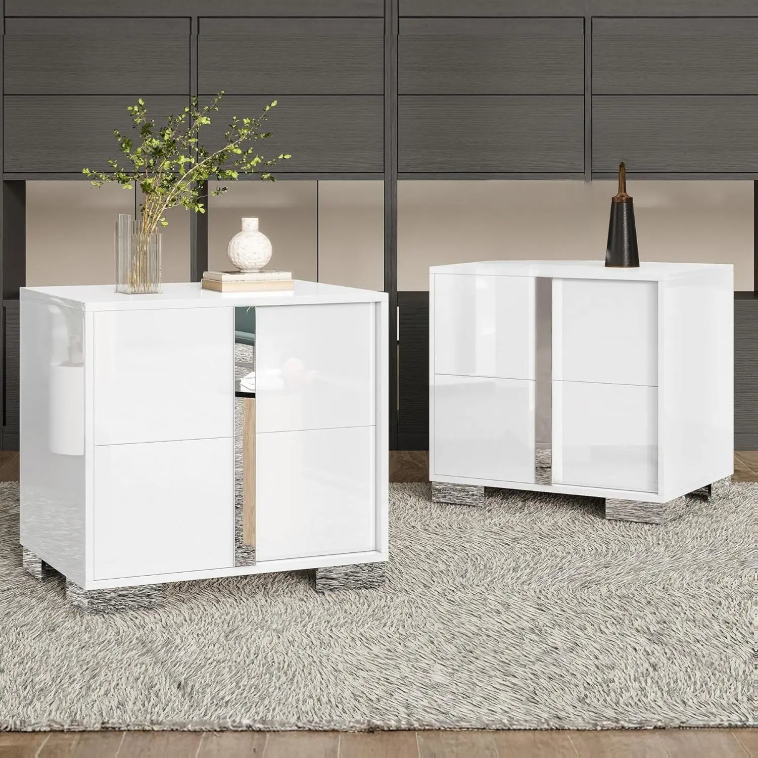 [SummerSale] AMERLIFE Modern Nightstand, 23.6" End Table with Drawers, High Gloss UV Finish Bedside Table with Electroplated Pull Handle, Space-Saving, Contemporary Table for Bedroom, Living Room, Dressing Room