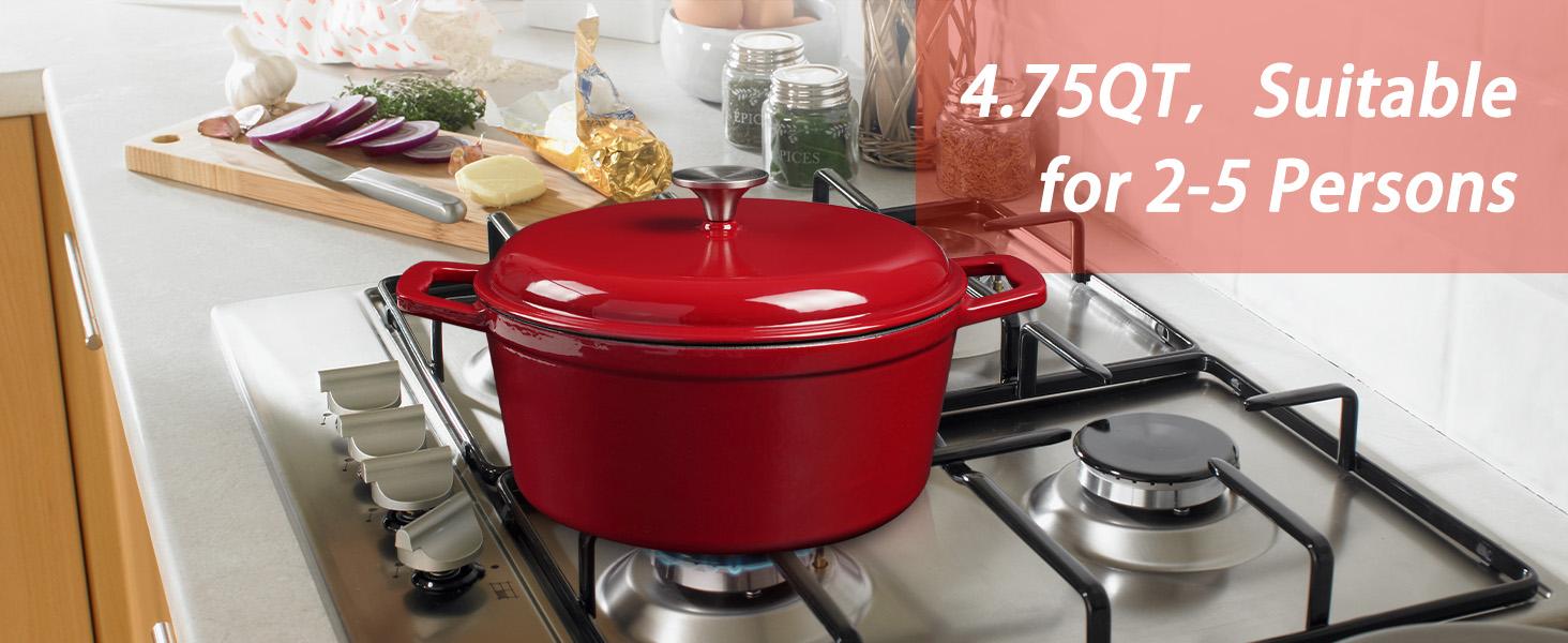 4.75QT Large Capacity Enameled Cast Iron Dutch Oven with Lid, Red Nonstick Pot, Suitable for Baking, Frying, and Stewing, Oven Safe up to 500°F