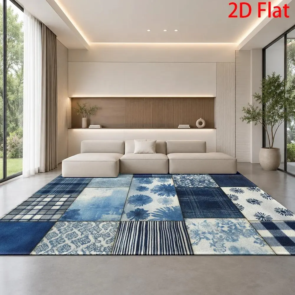 Multi-Size Blue Indigo 2D Flat Patchwork Quilted Large Prayer Rug, Vintage Floral & Plaid Pattern Decorative Floor Mat, Durable, Soft, Machine Washable, Reusable, Ideal for Living Room, Bedroom