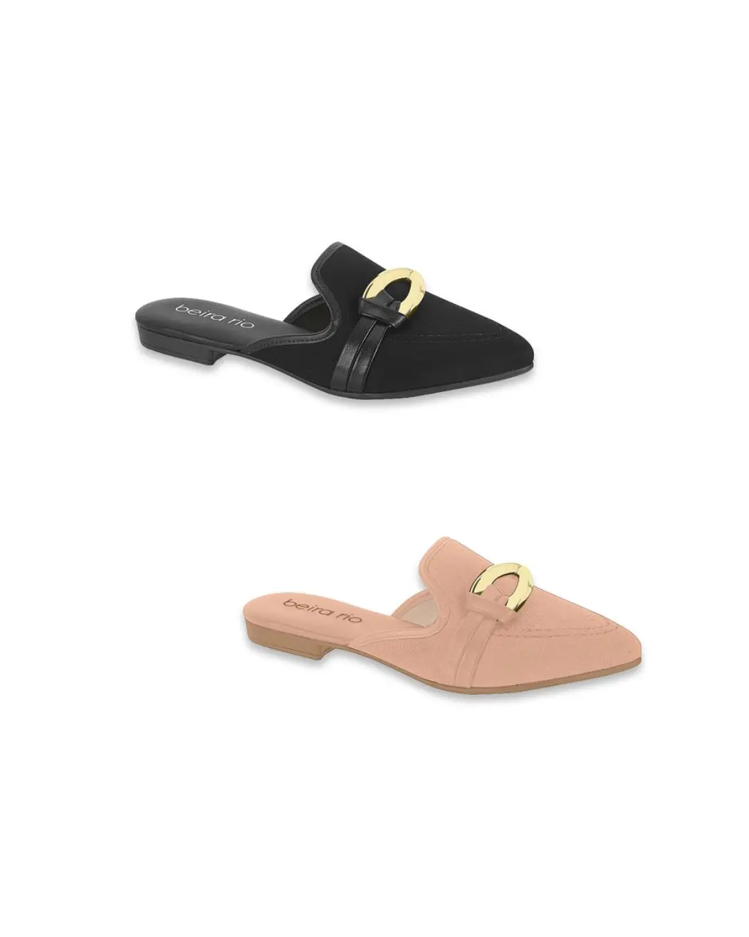 Beira Rio Women's Pointed Toe Mules, Elegant Slip-On Clog Style Flats with a Gold Tone Metallic Buckle Accent, Metallic Buckle Clogs, Shoe