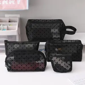 5 Pieces Mesh Makeup Bag Set, Heart Printed Cosmetic Toiletry Makeup Purse Bag with Zipper, Portable Mesh Storage Organizer Pouches for Home Office Travel (Black/Pink/Beige)