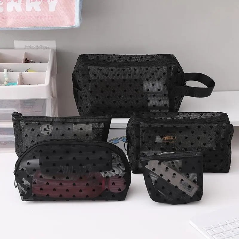 5 Pieces Mesh Makeup Bag Set, Heart Printed Cosmetic Toiletry Makeup Purse Bag with Zipper, Portable Mesh Storage Organizer Pouches for Home Office Travel (Black/Pink/Beige)