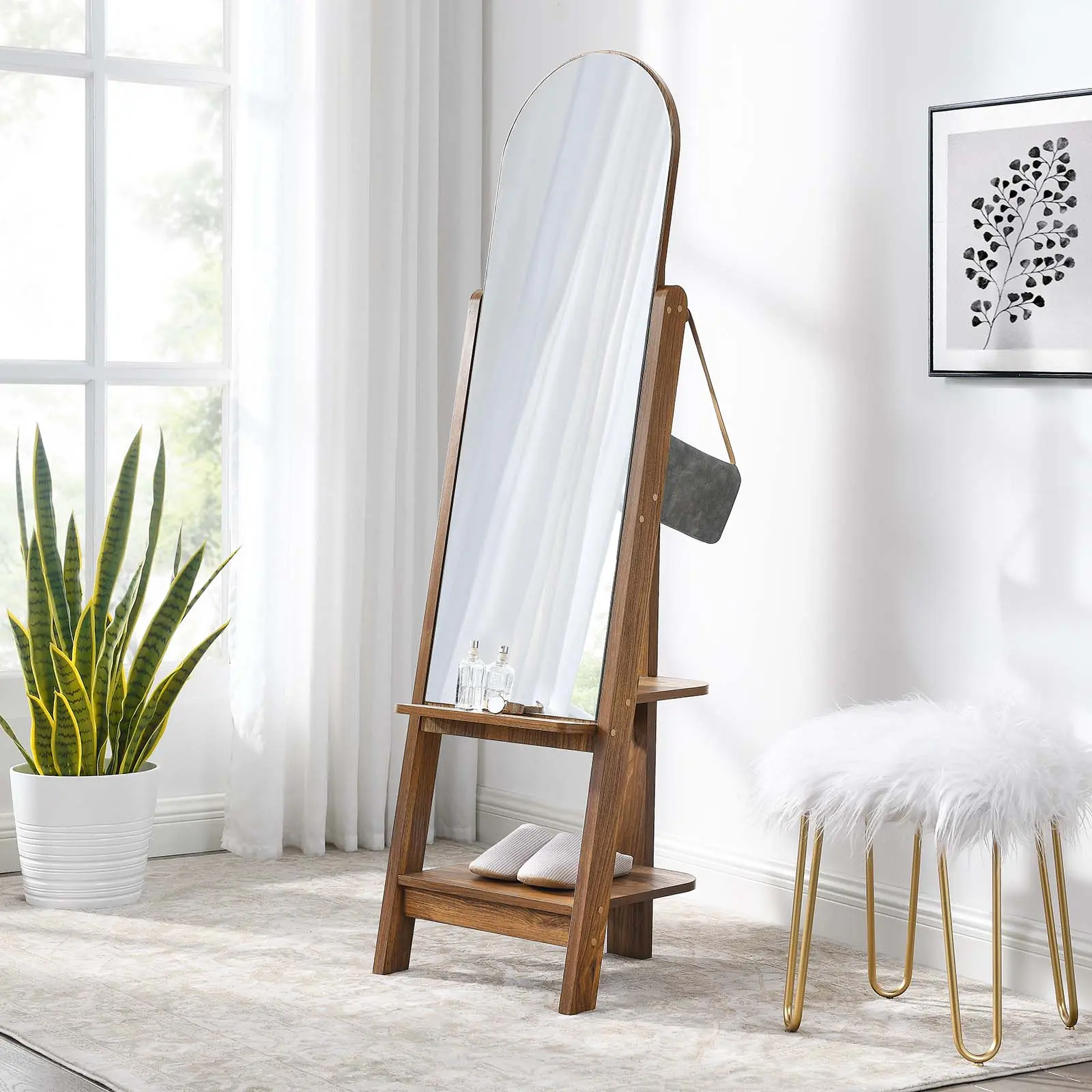 Modway Ascend Standing Glass Mirror, Walnut Finish, for Living Room Room Decor, Space-Saving Shelf Compatible Home Decor Accessory, Wood