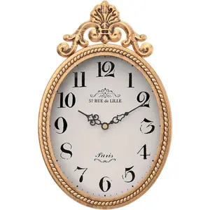 Small French Retro Decorative Wall Clock, Antique Gold Vintage Oval Style,Silent Battery Operated Boho Decor Wall Clocks for Farmhouse,Kitchen,Bedroom,Bathroom(10.4" H x 6.7" W)