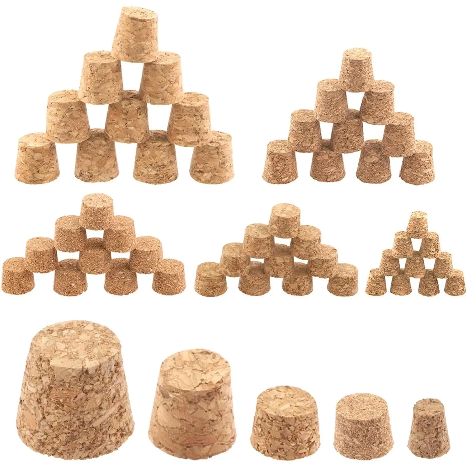 100Pcs 5 Sizes Mini Cork Stoppers Tapered Cork Plugs Small Corks Assortment Wooden Replacement Assorted Corks for Craft Glass Jars Wine Bottles Utensils Birthday