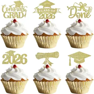 48Pcs Class of 2026 Graduation Cupcake Toppers Set, Complete Grad Cap & Diploma Cake Decorations for 2026 Graduation Party - Gold