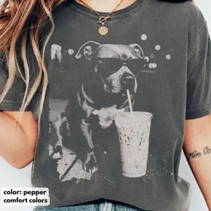 Comfort Colors Funny Pitbull Drinking Iced Coffee T-shirt, Vintage Dog Shirt, Pitbull Tee, Dog Dad Unisex Tee, Pittie Dog Lover Shirt Gift