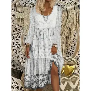 Elegant Floral Print Long Sleeve Dress for Women, A-Line Loose Fit Midi Dress, Round Neck Patchwork Design, Perfect for Spring Summer Fall（gift）
