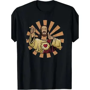Men's Vintage Christ Jesus T-Shirt - Religious Christmas Graphic Tee with Buddy Christ Design, Comfortable Streetwear for Training, Running & Casual Attire, Retro Round Neck Casual Top