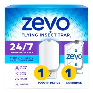 Zevo Flying Insect Trap & Cartridge - Plug in Fly Trap & Indoor Bug Catcher for Gnats, House & Fruit Flies - Mess-Free - Use in Any Room - Uses Blue & UV Light (1 Plug in Device & 1 Cartridge)
