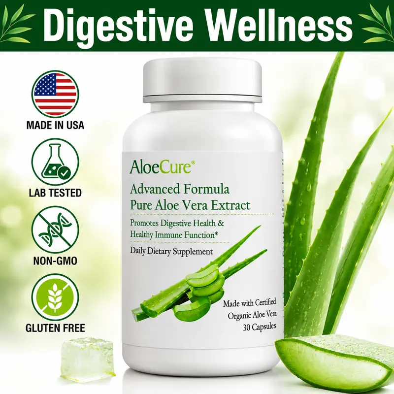 AloeCure Aloe Vera Capsules - 30 Organic Aloe Vera, Aloin-Free Dietary Capsules, Gluten-Free Vegetarian Digestion Aid for Gut Health, Stomach Acid Buffering & Immune Support, Gluten Free Supplement, Vegetarian Supplement, Healthcare