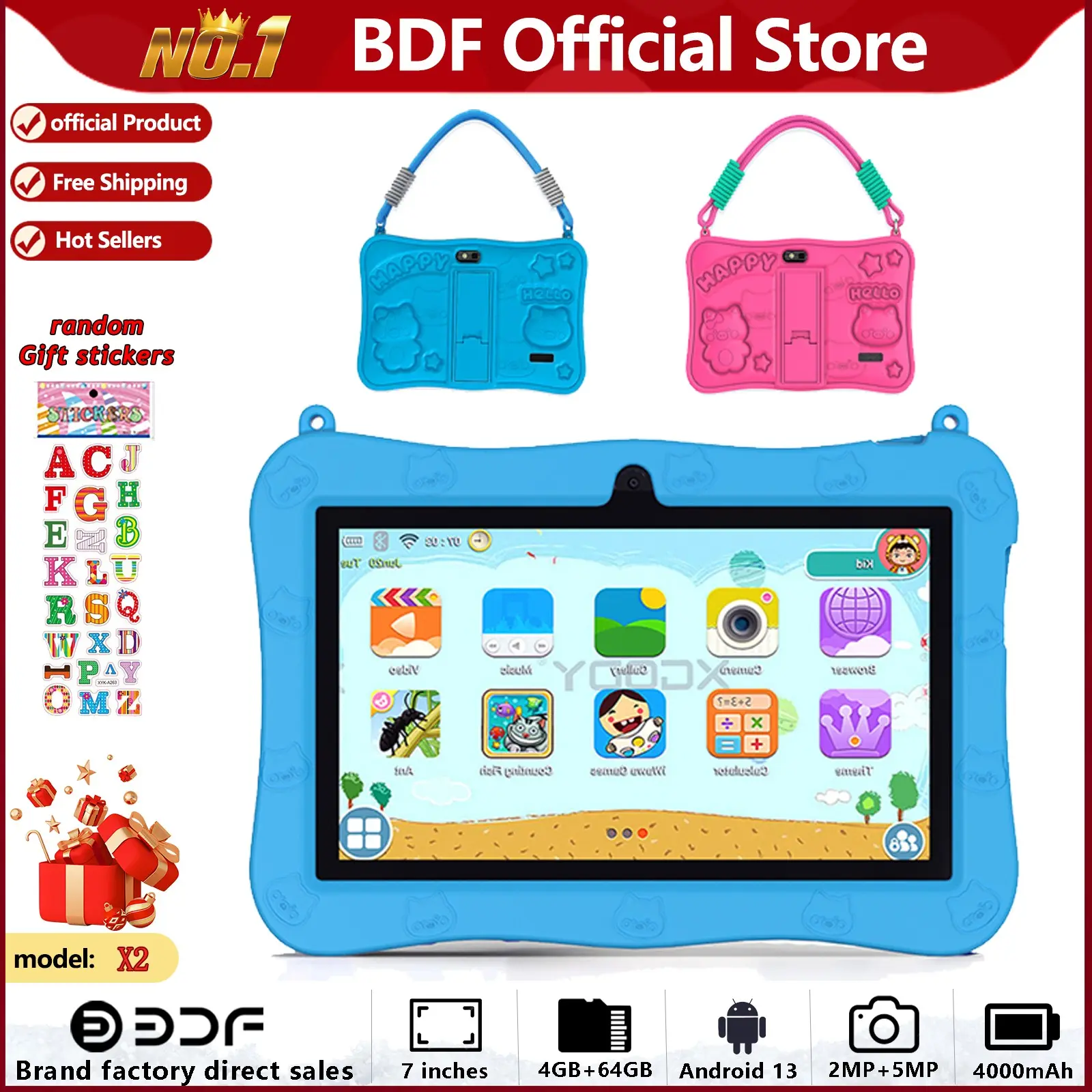 7-Inch Kids Touchscreen Tablet, Android System, Dual Cameras, Quad-Core Processor, WiFi Bluetooth-compatible Wireless, Shockproof Case, Android Tablets, Perfect Gift for Ages 3+
