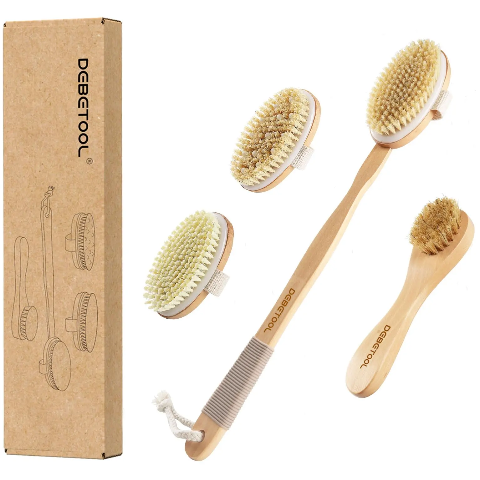 Dry Brushing Set - Natural Boar Bristle Body & Face Brush, Wooden Long Handle Scrub Brush for Cellulite & Lymphatic Drainage, Detachable, 3 Brush HeadsZAZK104