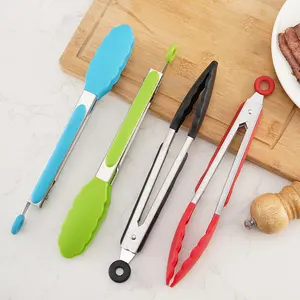 Silicone stainless steel tongs, kitchen baking tool, multifunctional, multi-purpose, reusable, space-saving, 12inch, red