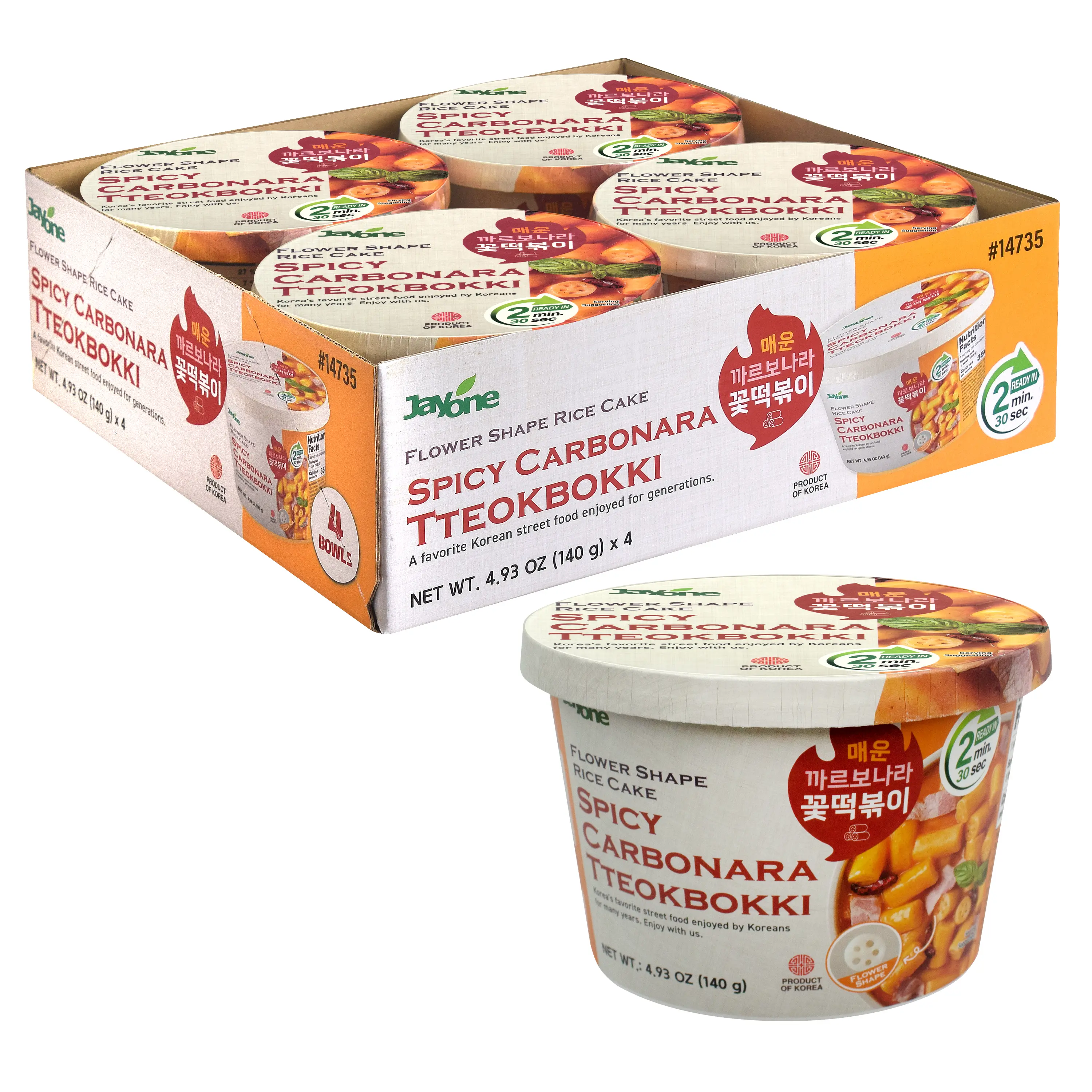 Jayone Spicy Carbonara Tteokbokki Rice Cake Bowl, Flower Shape Cup Tteokbokki, 4.93 oz x 4 Bowls