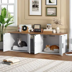 HOOBRO Double Litter Box Enclosure, Hidden Litter Box Enclosure with Corridor, Cat Litter Box Furniture with Storage Layer, Wooden Litter Box Cabinet with Hooks #SummerVibes #petlovers