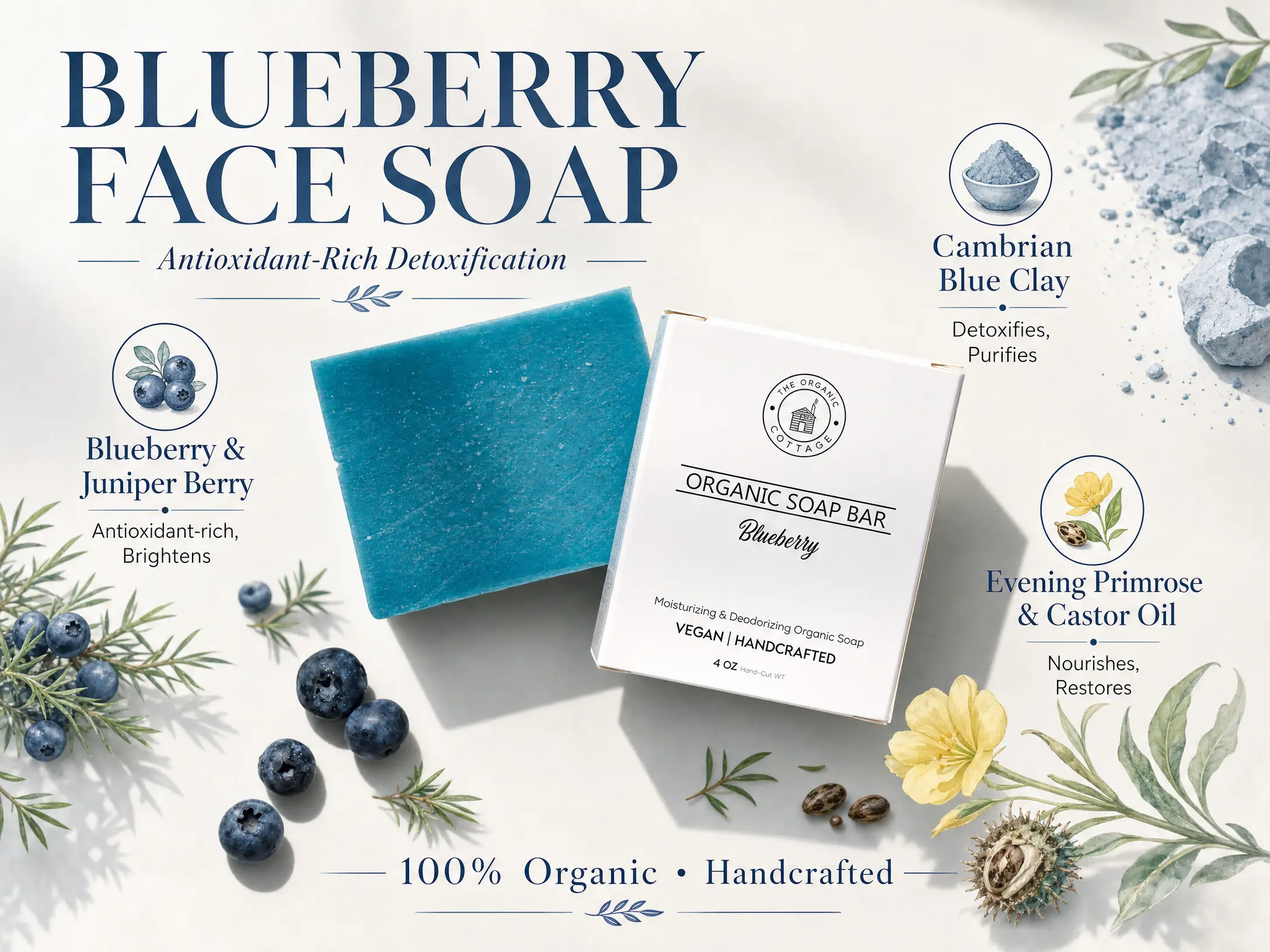 The Organic Cottage Blueberry Face Soap - Organic Soap Bar, Vegan, Handcrafted, 4 oz, Moisturizing & Deodorizing