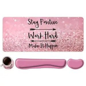 4pcs Pink Glitter Motivational Design Universal Mouse Pad + Keyboard Wrist Rest + Ergonomic Mouse Pad + Coaster Set For Desktop Decoration, Office Accessories Set Ergonomic Wrist Support, Computer Mat Mouse Pad Coaster Suitable For Home Office Gaming