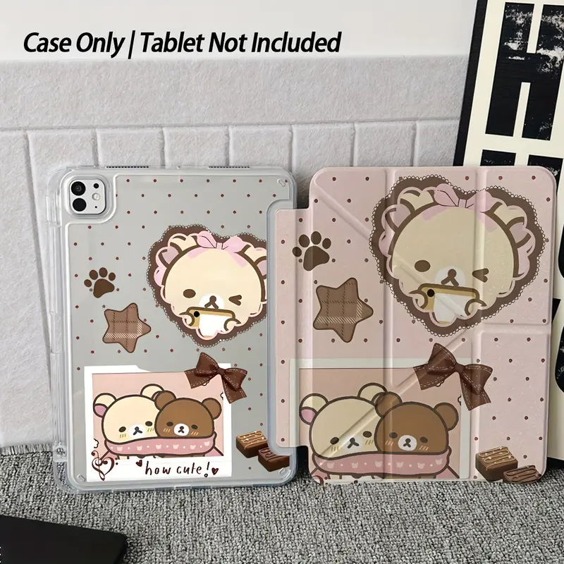 Cute Bear iPad Case with Pen Slot, Transparent Cartoon Design, Fits iPad 10 Gen, iPad 9/8/7 Gen, iPad Air 5/4, iPad Pro 11 Inch, Tablet Casing, Tablet Accessories, Tablet Cover, iPad Covers (Case Only)