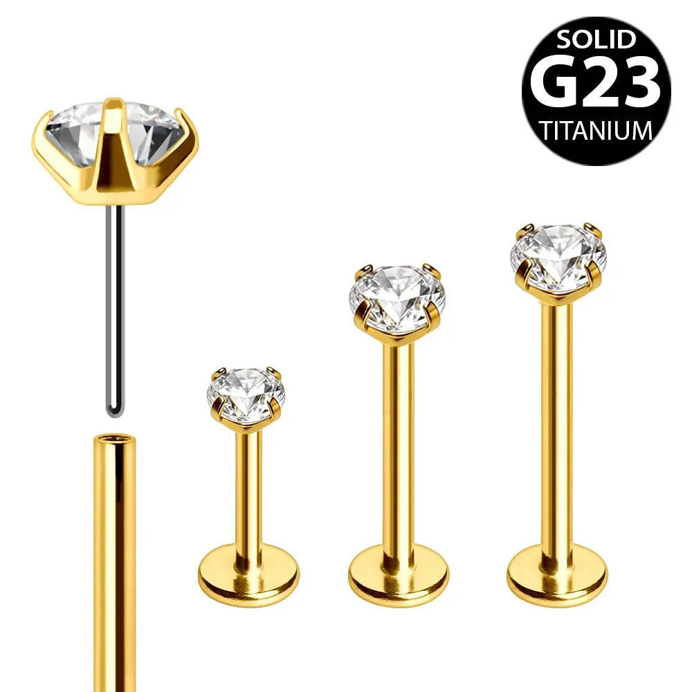 Gold Plated Titanium Threadless (push-in) Labret with Clear Prong Set CZ