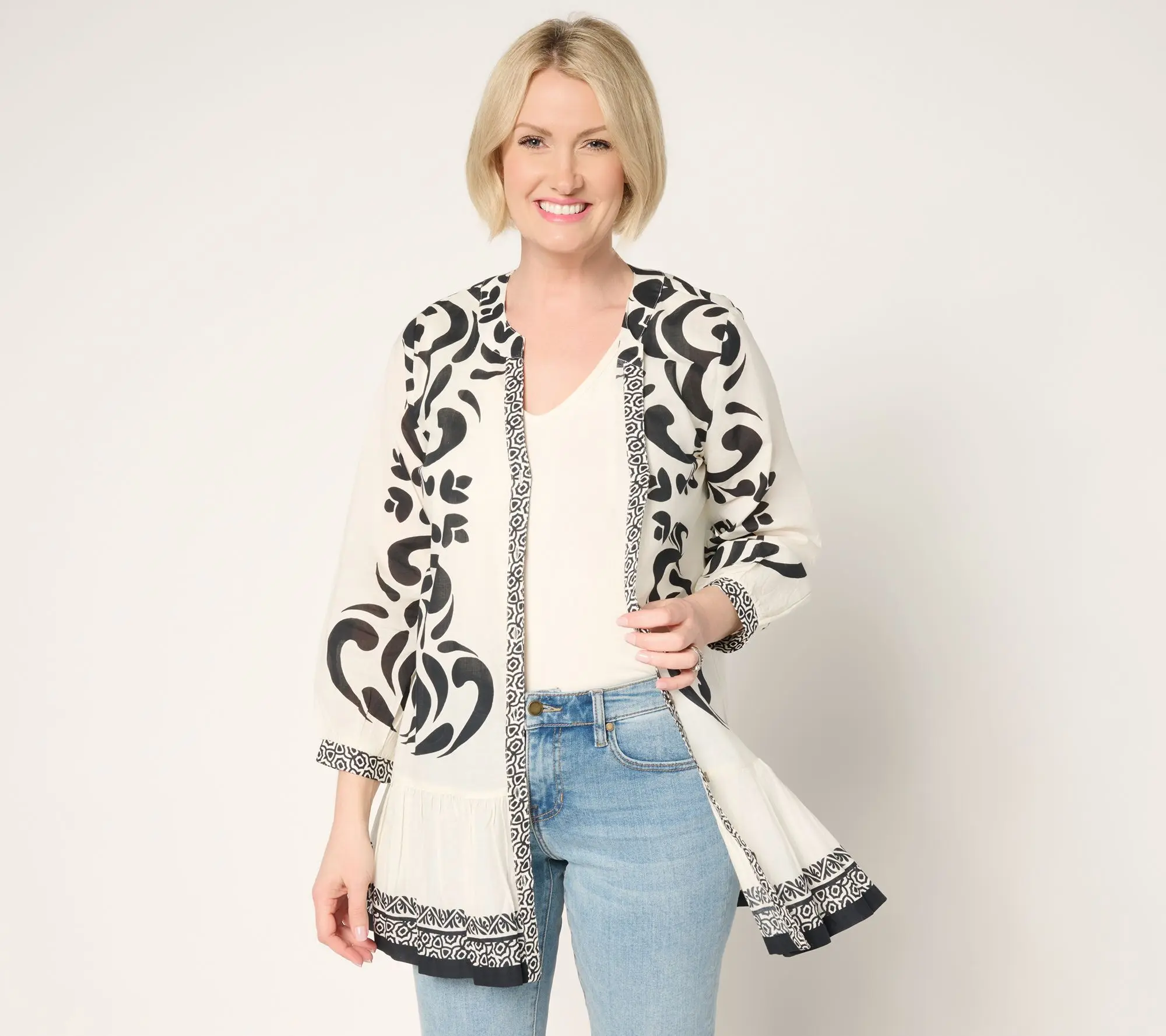 Susan Graver PURE Petite Printed Cotton Duster with Flounced Hem