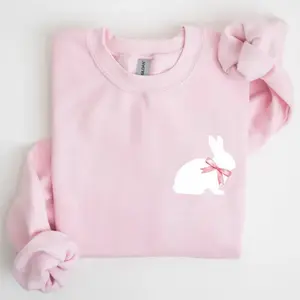 Bunny Wearing A Bow, Pocket Print, Easter Rabbit Sweatshirt & Tshirt, Women's Crew Neck, Crewneck