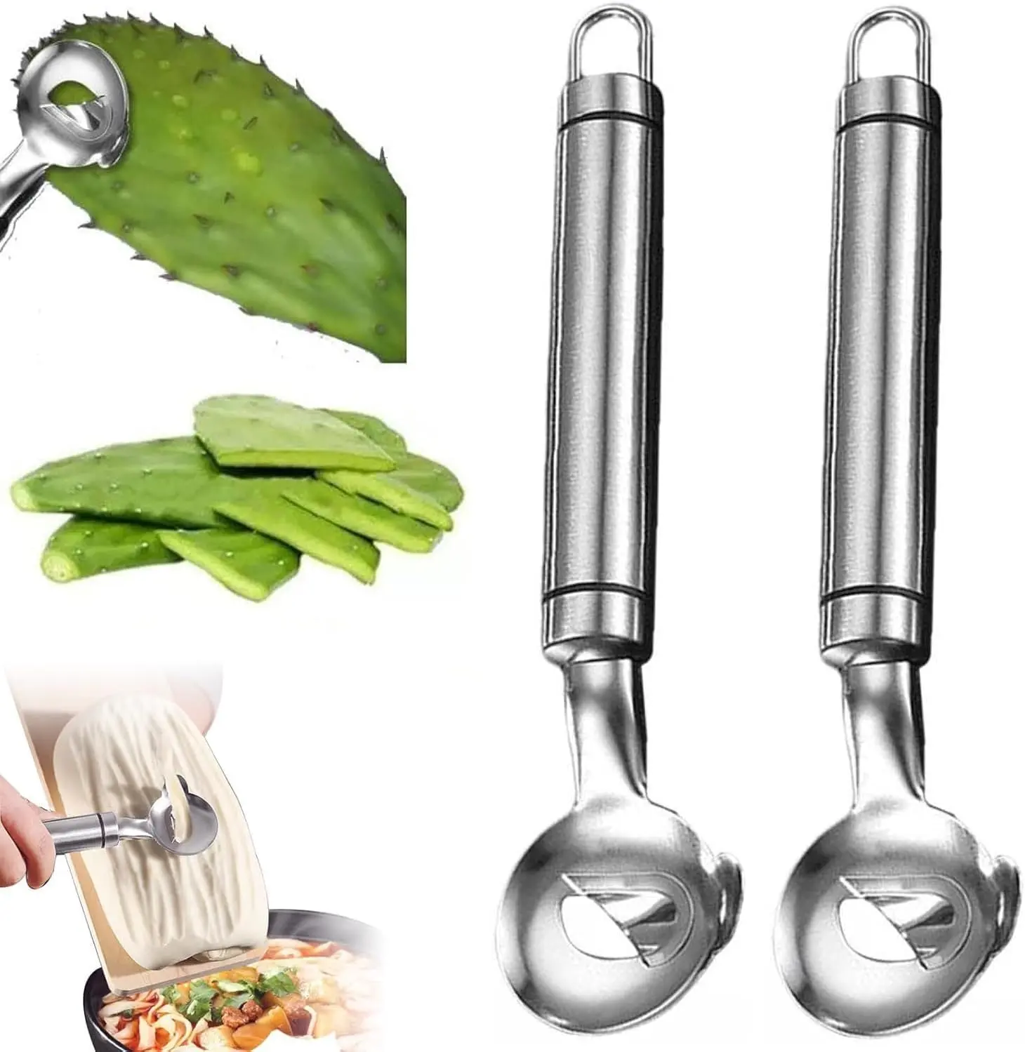 [Buy 1 Get 1 Free]Stainless Steel Cactus Peeler Tool Set, Multi-Purpose Nopales Peeler, Noodle Cutter & Scoop, Easy-Grip Handles, Dishwasher Safe Kitchen Must-Have