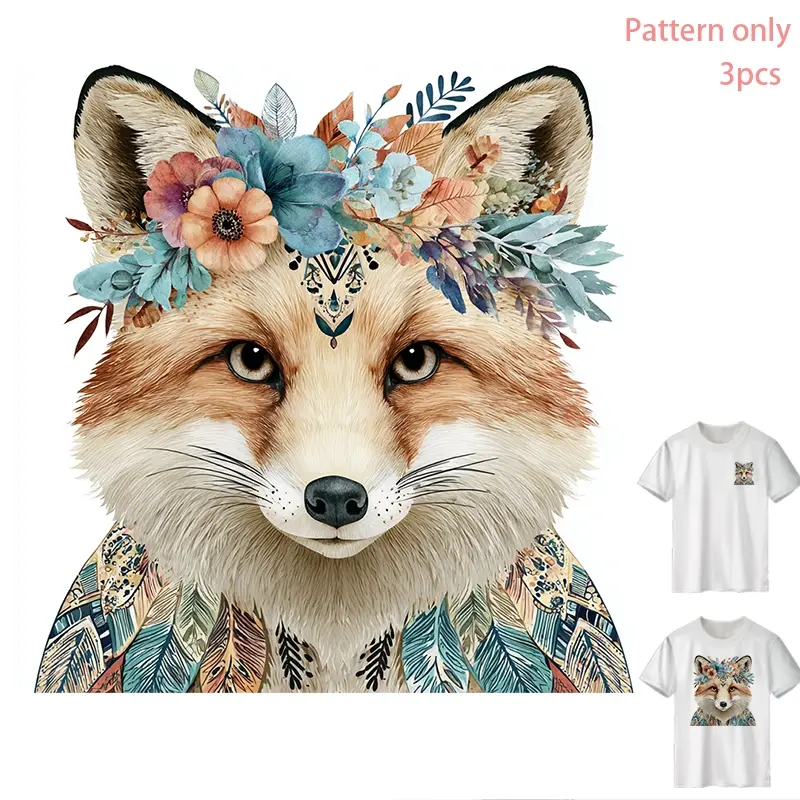 Floral Fox Pattern Heat Transfer Vinyl, Creative Design for T-Shirts, Fashion DIY Clothing Iron-On Decal, Apparel Accessory, Pattern Only
