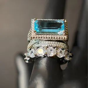 3-Piece Stackable Cocktail Ring Set | Hypoallergenic Non Tarnish Emerald Cut Zircon Silver Plated Vintage Statement Rings for Party Night Out Gifts For Her