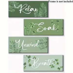 Four-Piece Bathroom Decor Set, Rustic Frameless Design for Bedroom & Office, Relaxing Bath Quotes, Breathe, Model Xinghao