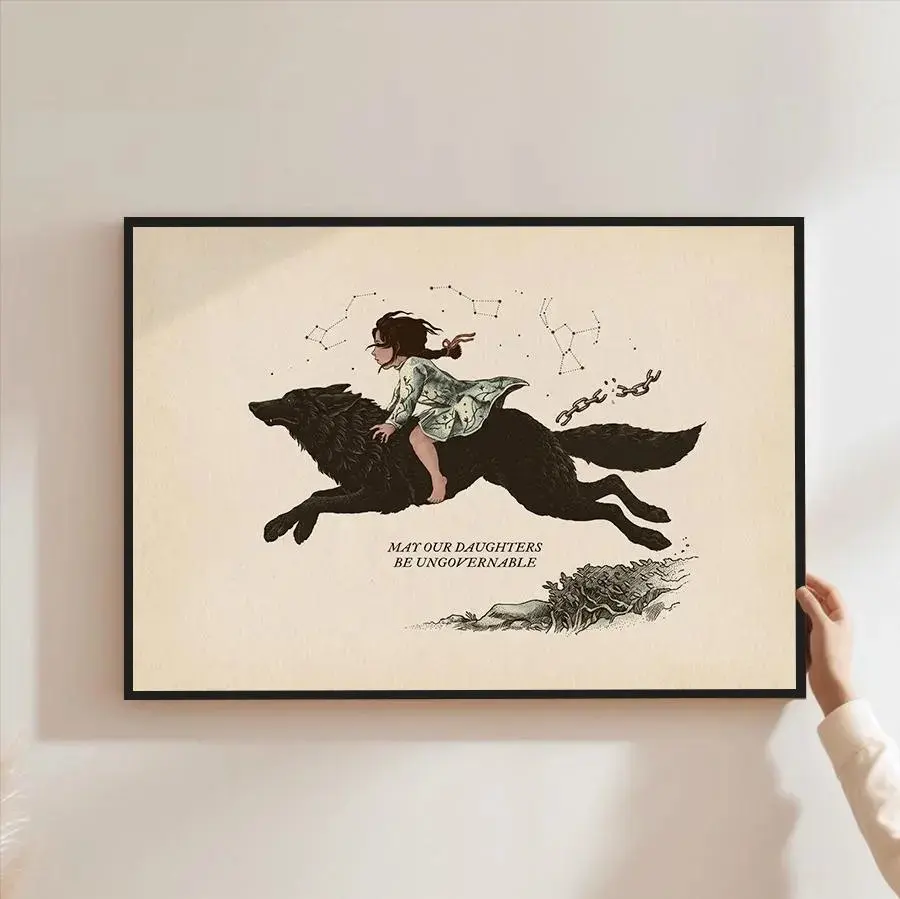 May Our Daughters Be Ungovernable Poster Print, Girl Riding Black Wolf Wall Art, Feminist Daughter Empowerment Quote Poster, Whimsical Witchy Nursery Bedroom Dorm Office Decor, Gift for Mom Daughter (Unframed)