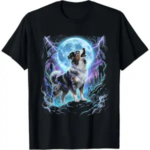 Australian Shepherd Howling to The Moon Meme 90s Vintage T-Shirt