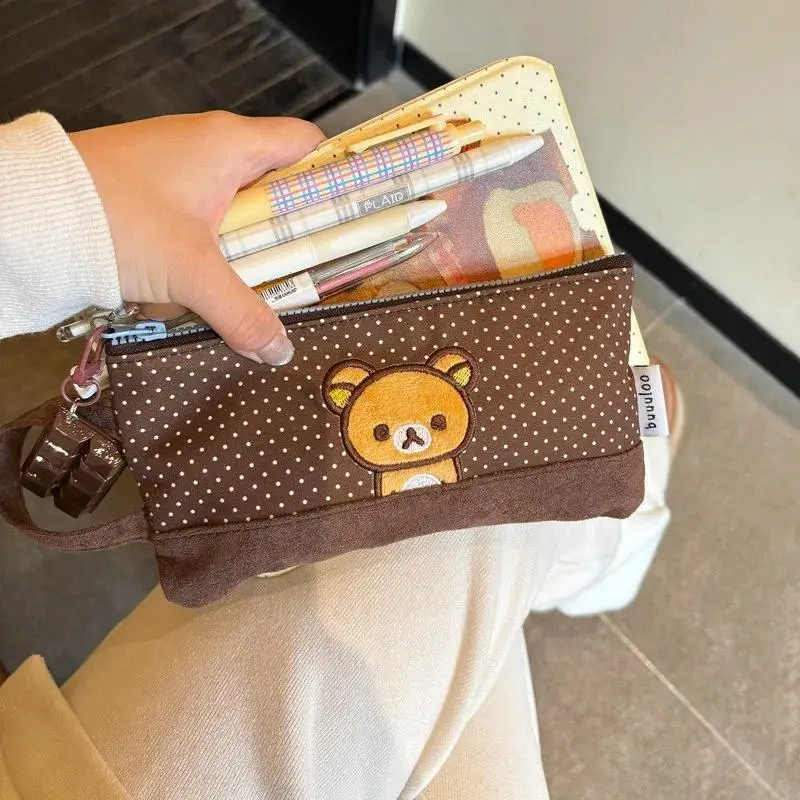 Buuuloo Original Embroidered Rilakkuma Pencil Case Large Capacity Polka Dot Ins Style Kawaii For Teen Girls High School Students