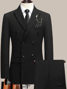 Men's Solid Color Double Button Chain Decor Long Sleeve Blazer & Pant, Business Formal Suit Set for Wedding & Formal Events, Men's Clothing for All Seasons, Menswear, Business Coat, Formal Casual Suit