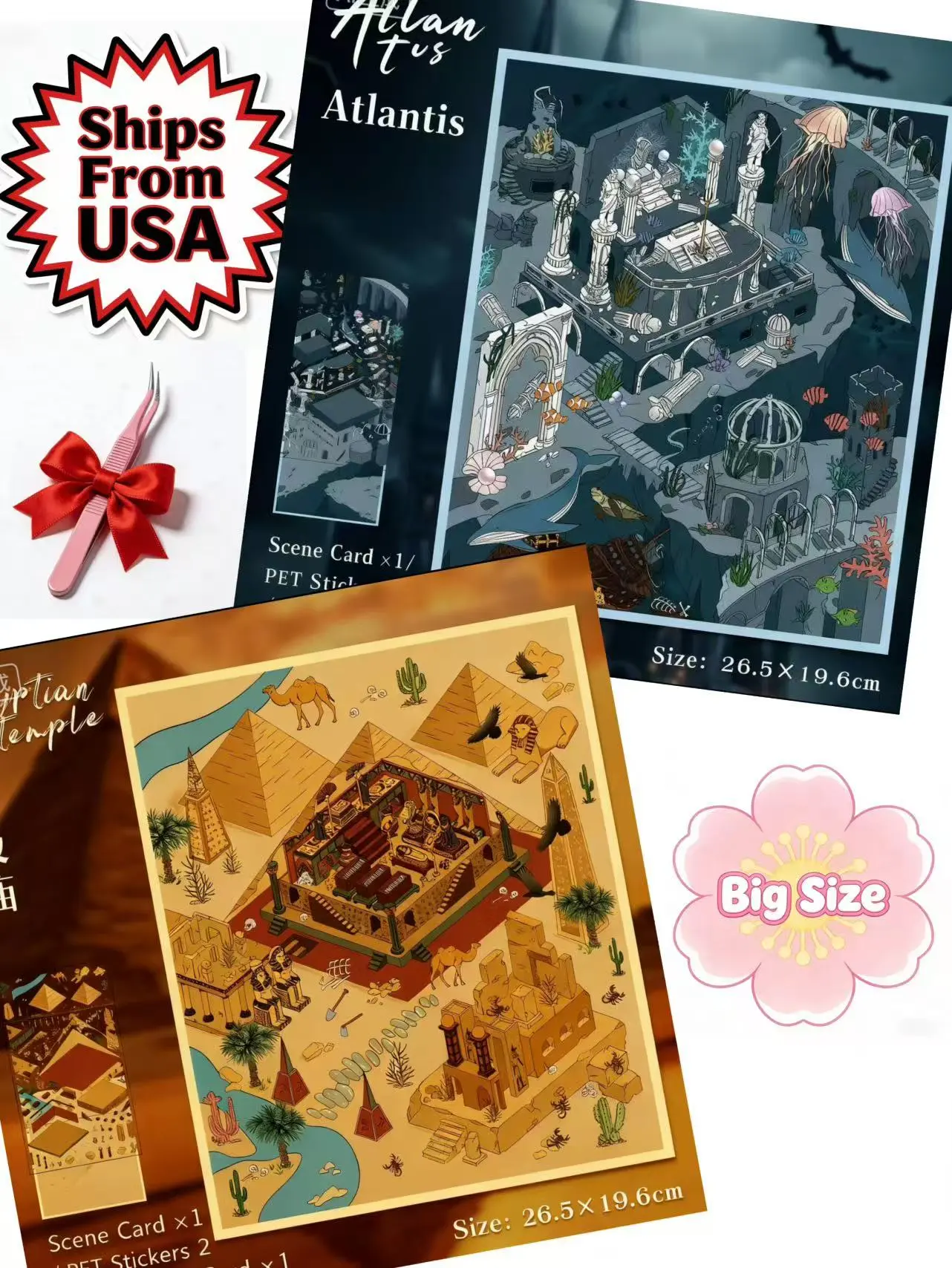 3D miniature world building block stickers, large-sized stickers, including two scenes: Atlantis and Egyptian temples. Create your own world!