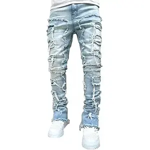 Stacked Jeans Men Skinny Ripped Jeans Slim Fit Patchwork Denim Pants Y2K Goth Harajuku Emo Hip Hop Jeans Trouser