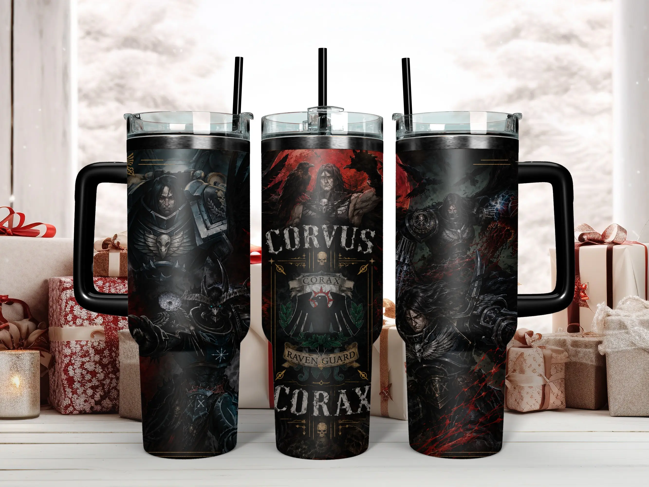 Warhammer 40K Corvus Corax Primarch of the Raven Guard 40oz Insulated Stainless Steel Tumbler - Epic Horus Heresy Space Marine Art Travel Mug with Handle & Straw - Perfect Grimdark Gift for Tabletop Gamers