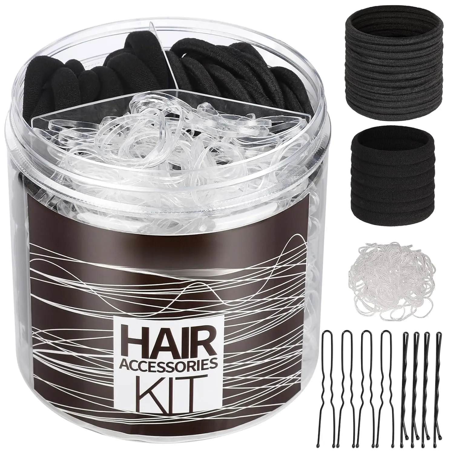 Hair Accessories Kit for Woman Girls 500 count Elastic Hair Bands 30 count Ponytail Holders, Black Seamless Thick Hair Bands, 40 count Bobby Pins Black Clear
