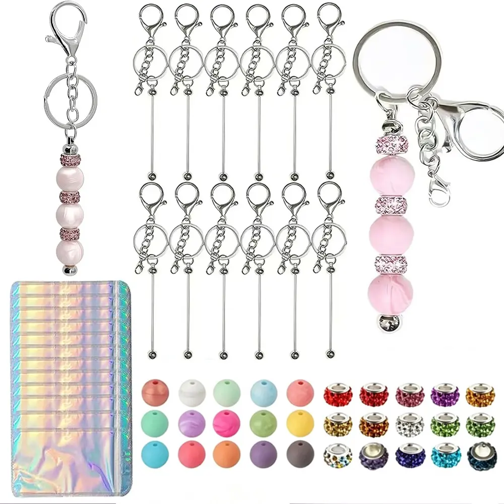 120 Pcs Beadable Keychain Making Kit,Including 15 Metal Keychain Rods with 45 Sparkling Rhinestone Spacer Beads,45 Silicone Beads and 15 Pouches for Small Business,Halloween,Christmas,Hand Tools Kits