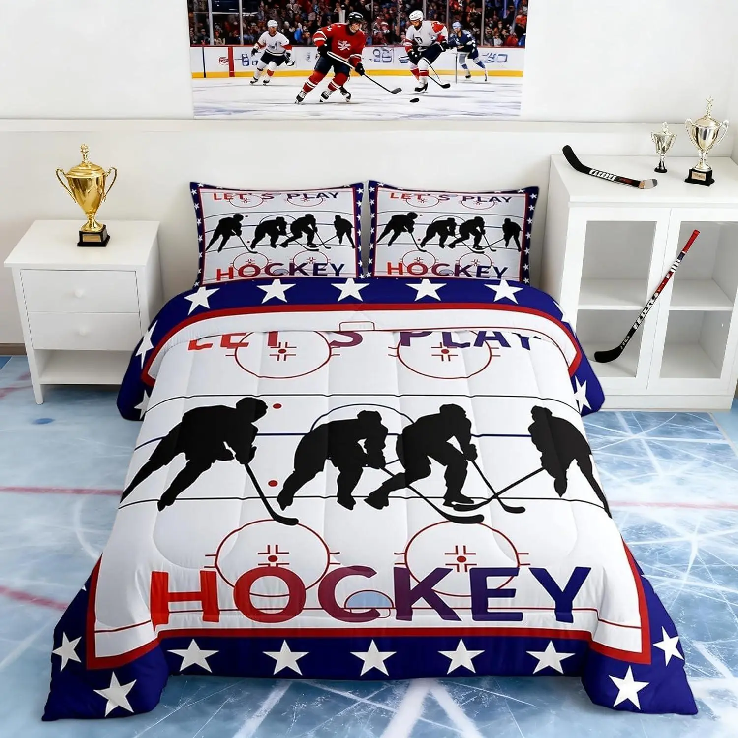 Hockey Comforter Set,Ice Hockey Player Bedding Set for Kids Girls Women,Adults Winter Sports Comforter,Blue and Red Quilted Duvet Set,Bedroom Collection