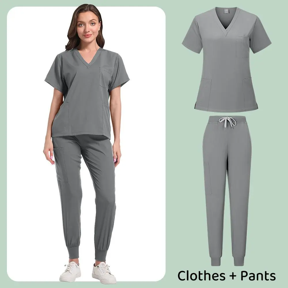 FUSHUAIGE Surgical Set Women: Solid Color Surgical Gown Unisex Pet Hospital Scrub Uniforms Suits Pocket V-neck Jogger Suits Wholesale Price