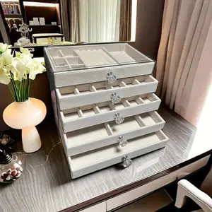New Five-Tier Elegant Gray/Beige Jewelry Box with Earrings & Rings Drawers Multi-Compartment Anti-Oxidation Storage Case Large Capacity Home Jewelry Organizer Jewelry Holder Organizer