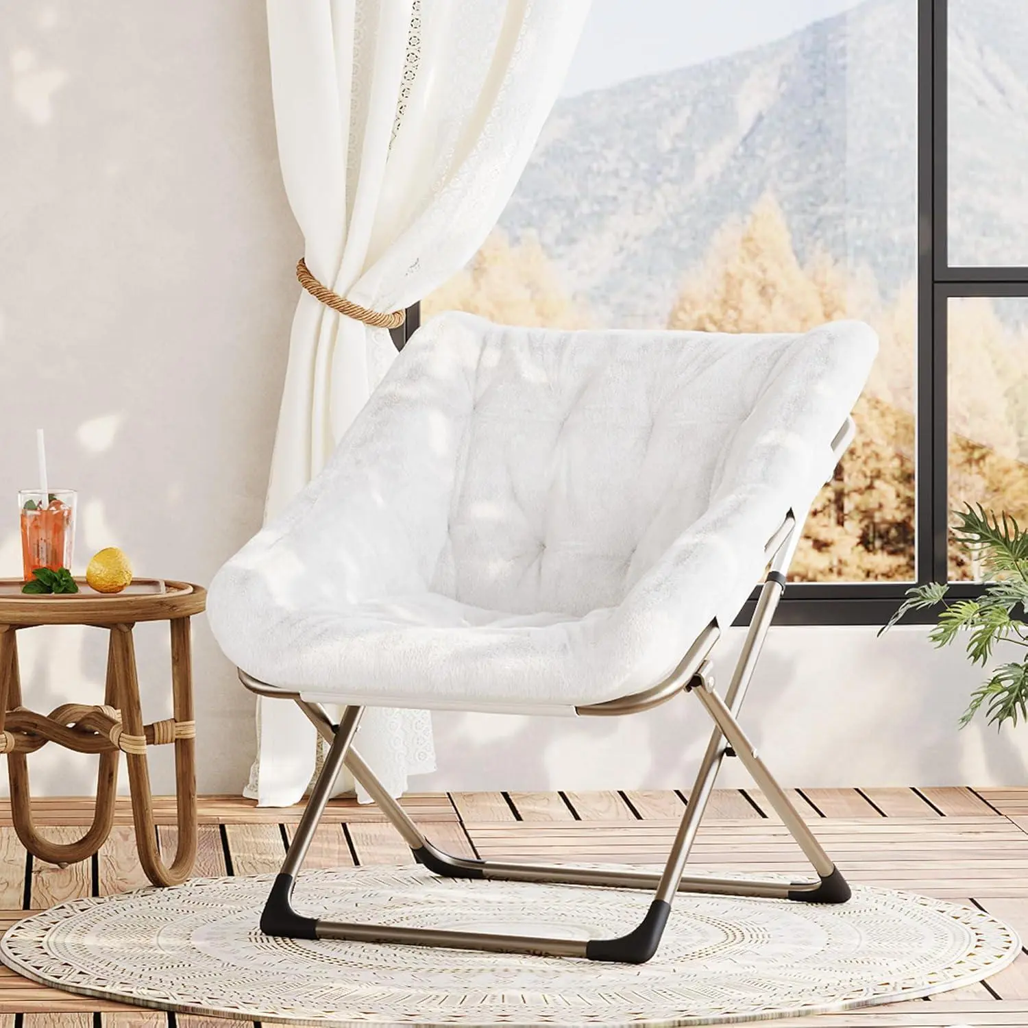 White Oversized Foldable Faux Fur Butterfly Lounge Chair - Single Seat, Soft Upholstery, Lightweight Steel Frame, 300lb Capacity - Ideal for Living Room, Outdoor Use