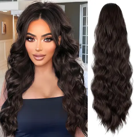 MAQUIUAGE Female 26-Inch Fluffy Body Wave Drawstring Ponytail Extension, Dark Brown Comfortable Easy-to-Remove Clip-In Synthetic Piece for Daily Ponytail Hairstyles, Synthetic Extensions