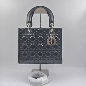 Pre-owned Dior h3 Black and Silver Patent Leather "Lady Dior" 5 Grid Shoulder Bag 61785