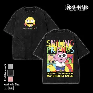 Smiling Friends V3 Washed Cotton Shirt, Smiling Friend Ss3 Shirt, Graphic Tee, Cartoon Double Printed Vintage Washed Tee Cotton T-shirt Fabric Menswear Top Collar